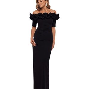 XSCAPE Long Crepe Off The Shoulder Ruffle Short Sleeve