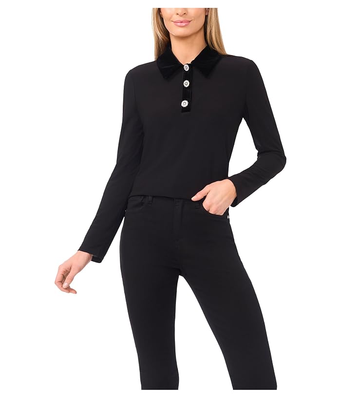 CeCe Mixed Media 1/2 Placket Collared Knit