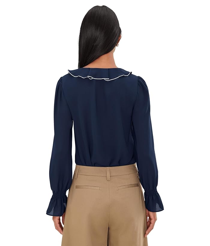 CeCe Contrast Ruffle Trim Long Sleeve V-Neck Top - Image 4