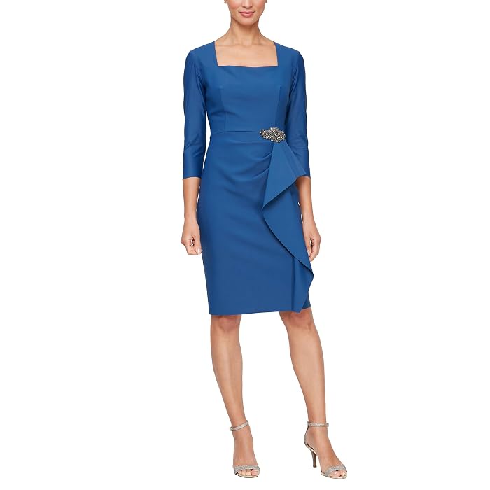Alex Evenings Short Compression Dress with 3/4 Sleeves and Hip Embellishment