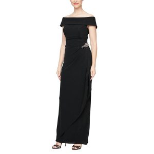 Alex Evenings Long Metallic Knit Off-the-Shoulder Dress w/Hip Embellishment