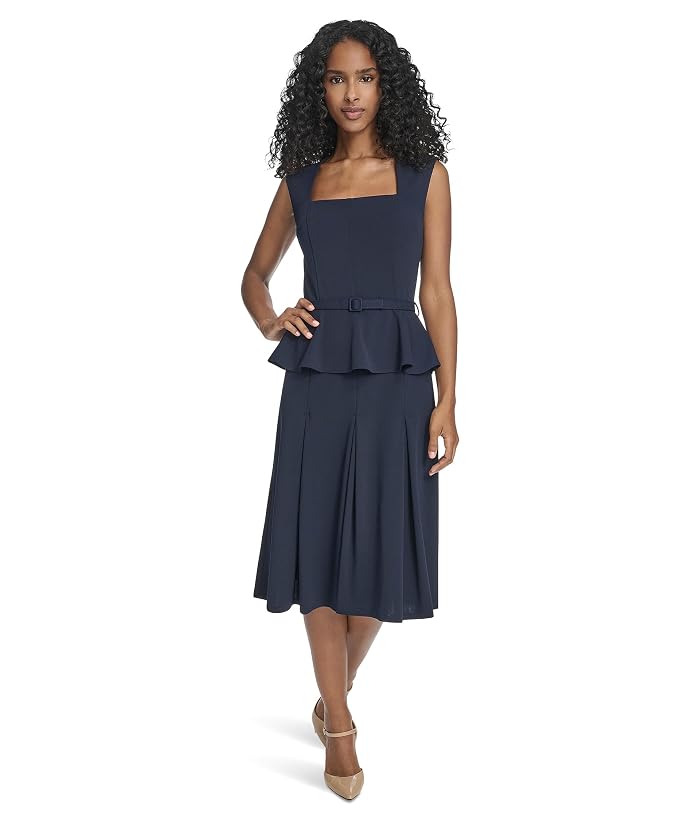 Calvin Klein Short Sleeve Scuba Crepe Belted Peplum Aline