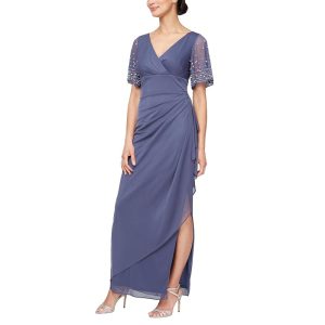 Alex Evenings Long Mesh Dress with Flutter Sleeves