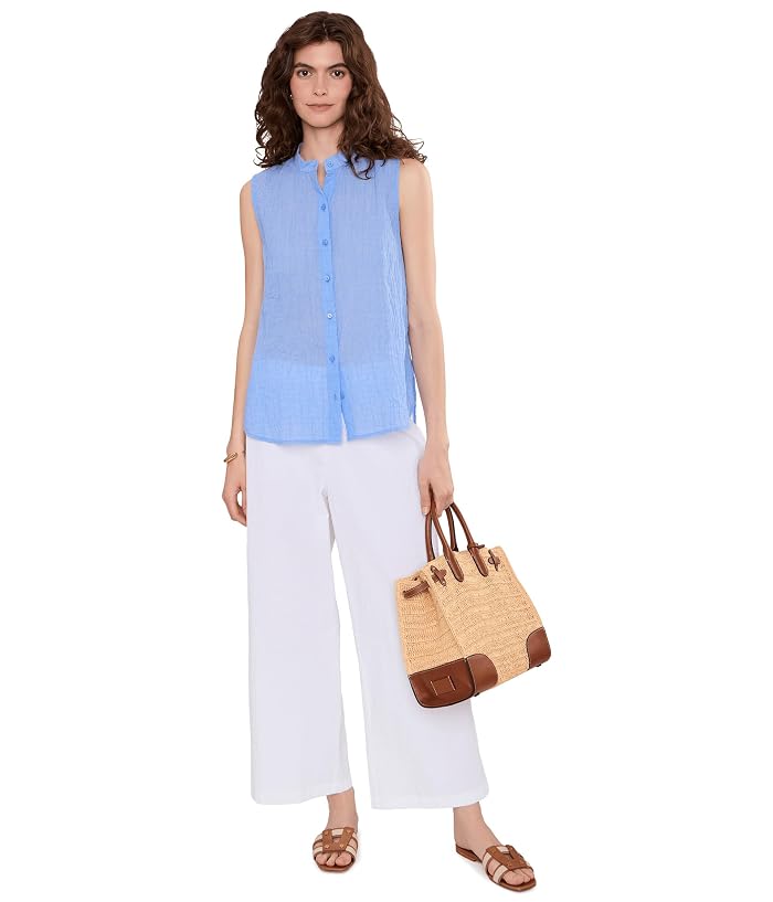 Eileen Fisher Cotton Microstripe Pucker Mandarin Collar Shirt - Image 2