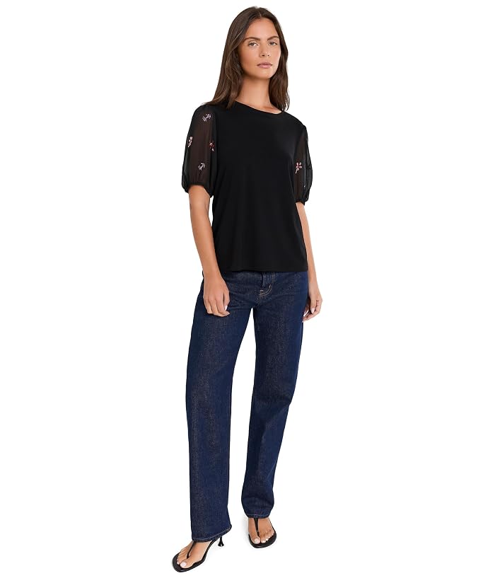 CeCe Beaded Sleeve Mixed Media Crew Neck Top - Image 2