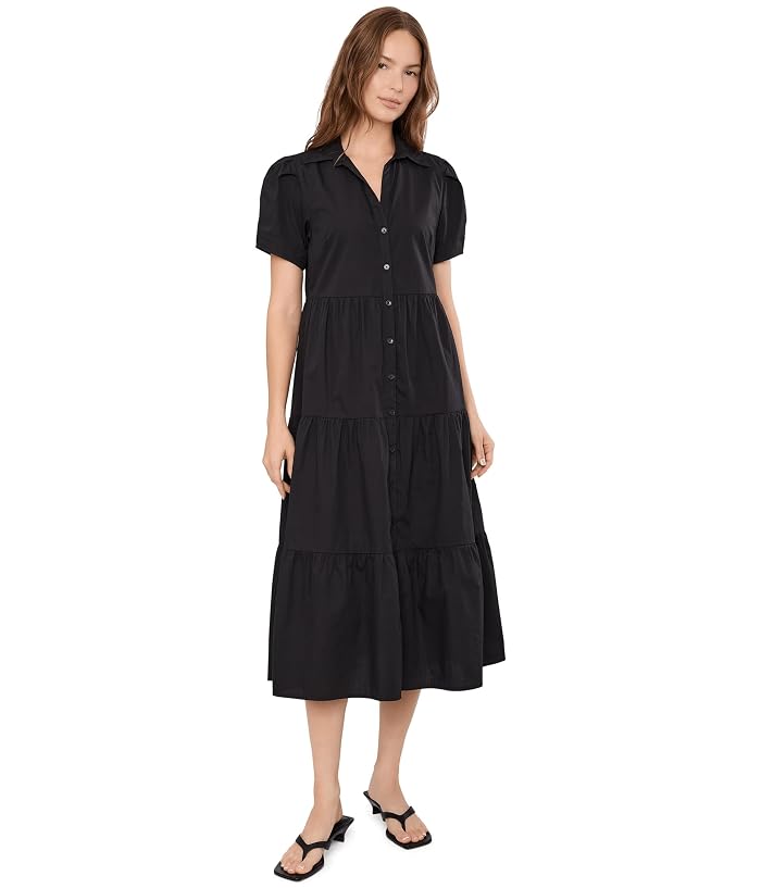 Calvin Klein Puff Sleeve Cotton Tiered A-Line Midi