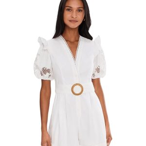Adrianna Papell Lasercut Puff Sleeve Romper