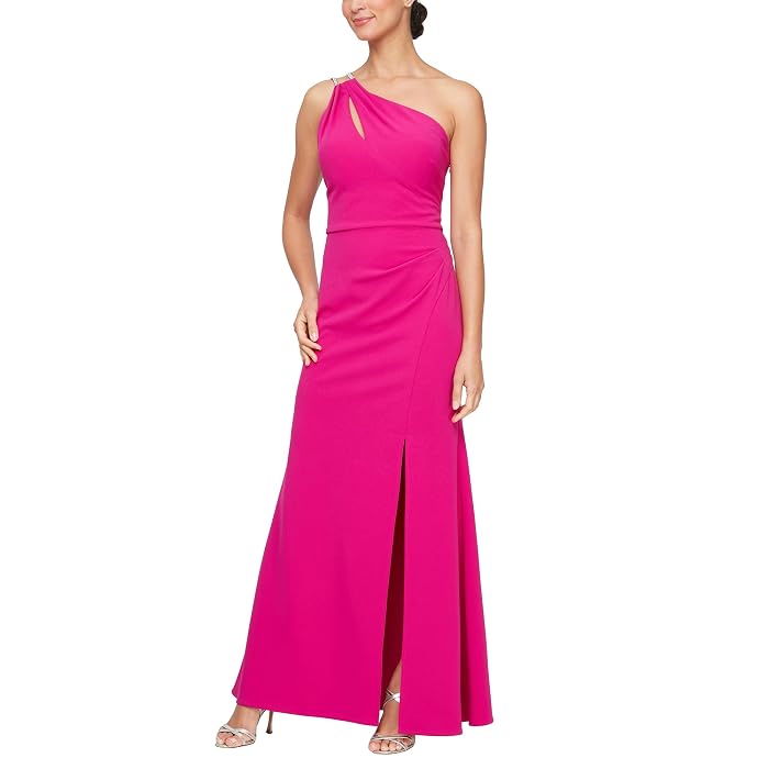 Alex Evenings Long Crepe One Shoulder Dress with Embellished Strap Detail
