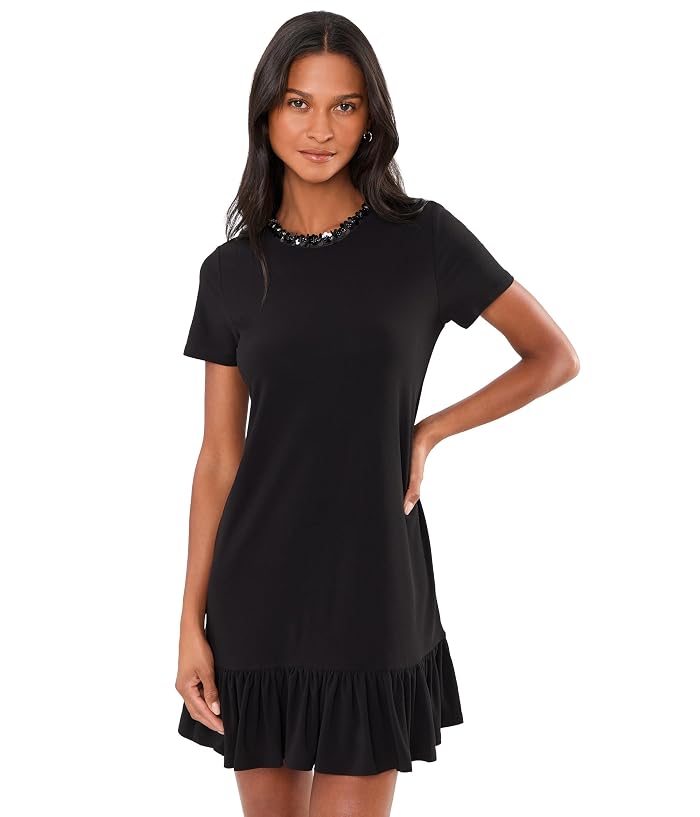 CeCe Short Sleeve Ruffle Hem Mini Dress with Sequin Neck Opening