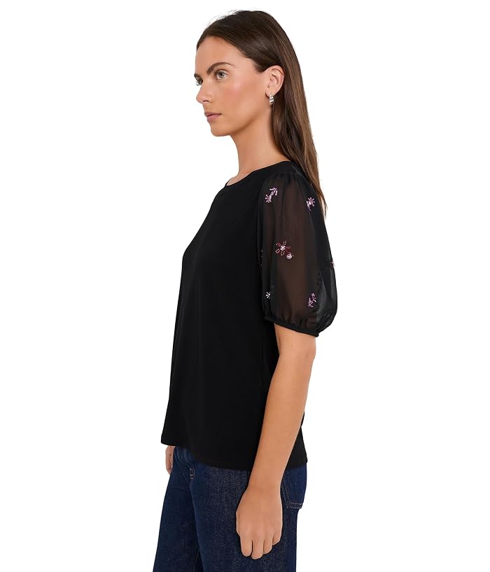 CeCe Beaded Sleeve Mixed Media Crew Neck Top - Image 3