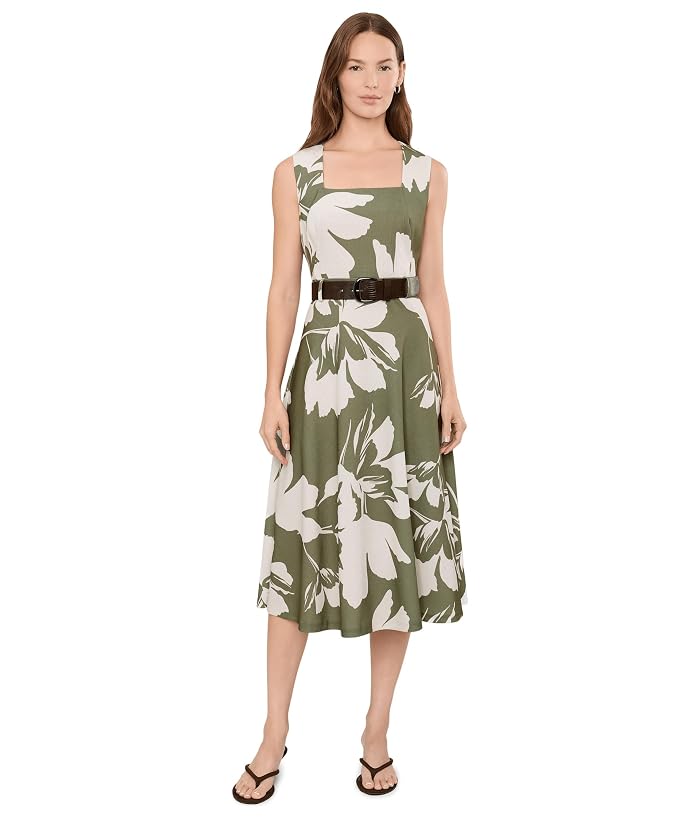 Calvin Klein Square Neck Floral Belted A-Line Midi