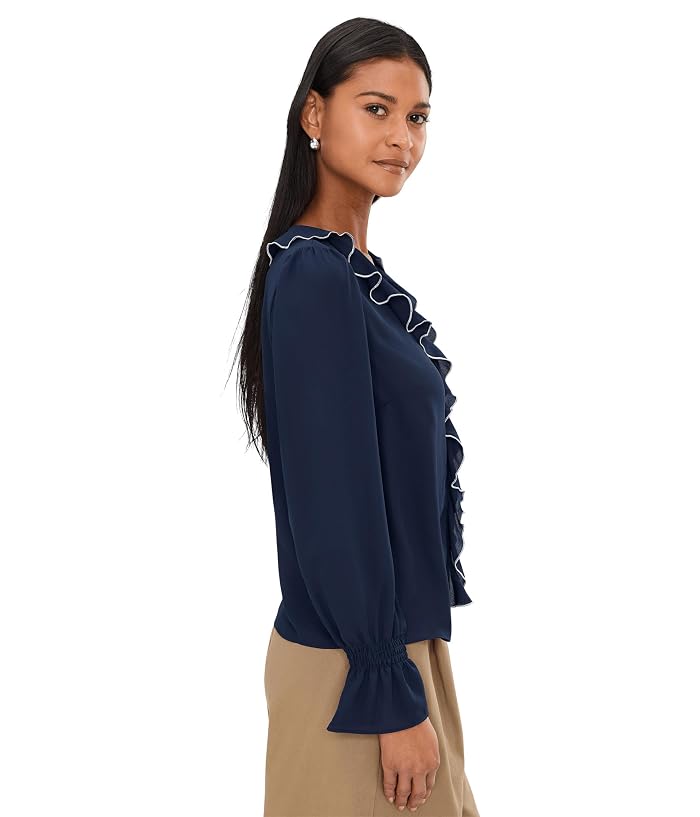 CeCe Contrast Ruffle Trim Long Sleeve V-Neck Top - Image 3