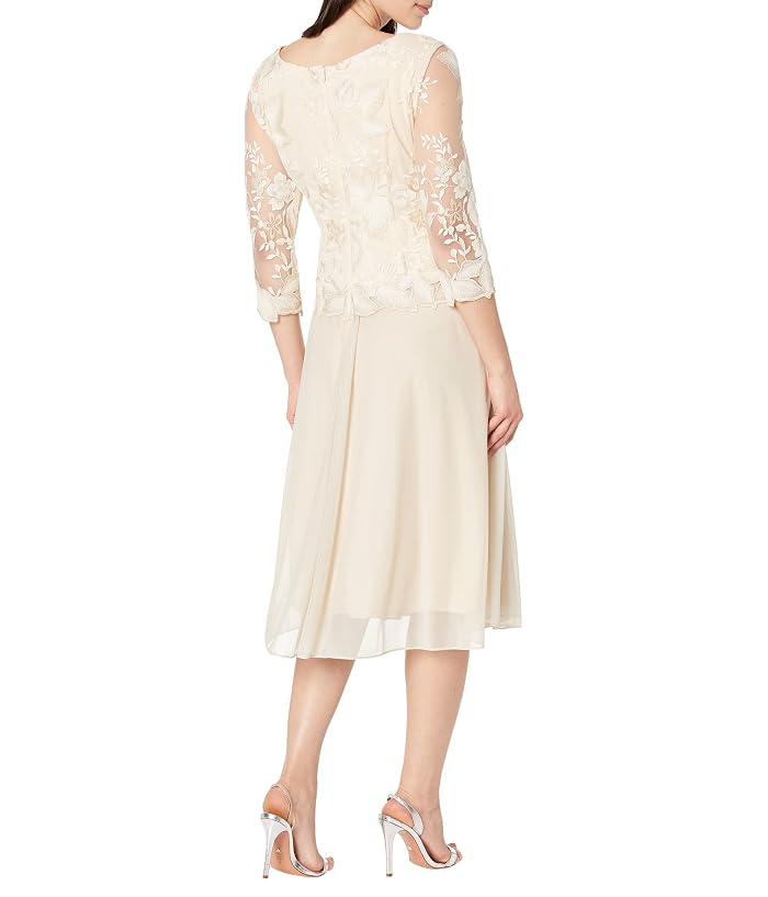Alex Evenings Tea Length Embroidered Dress with Illusion Sleeve and Scallop Detail Full Skirt - Image 2