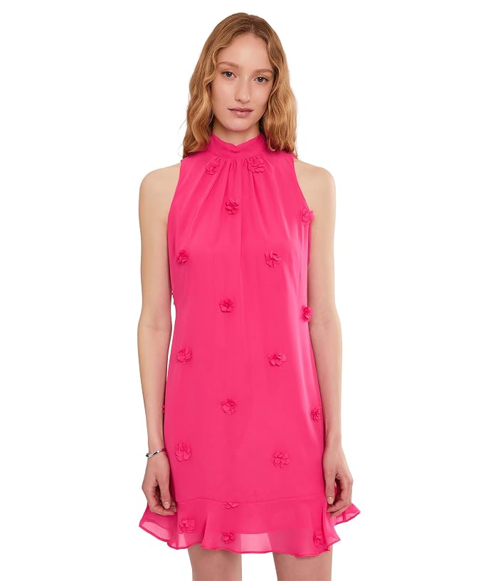 CeCe 3D Floral Applique Tie Neck Mini Dress