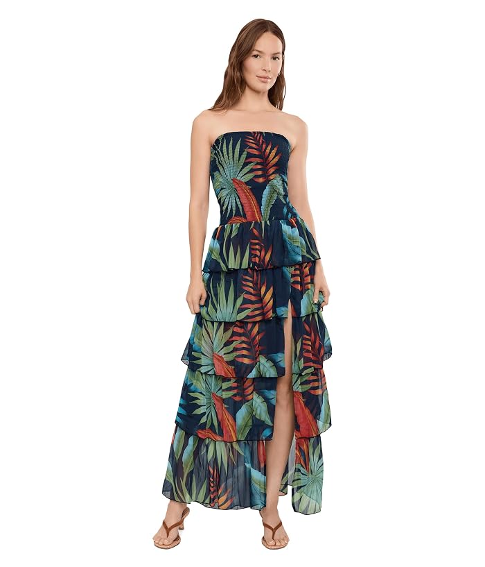 Avec Les Filles Tropical Strapless Tiered Maxi Dress