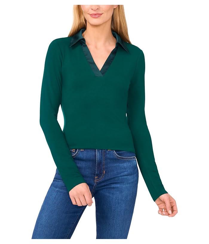CeCe Woven Collar Long Sleeve Knit Top