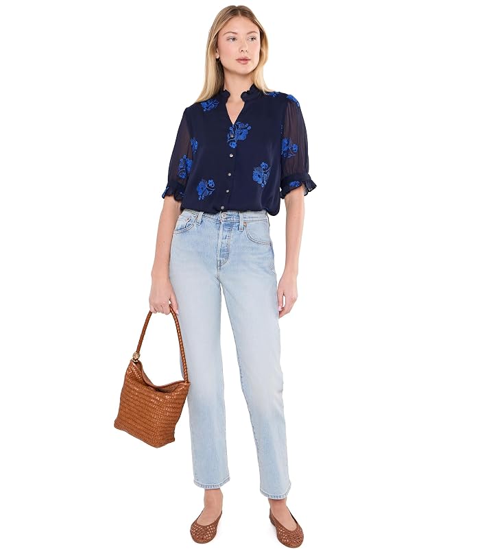 CeCe Ruffle V-Neck Elbow Sleeve Button-Down - Image 2