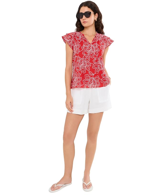 CeCe Flutter Sleeve Puff Embrodiery Tie Neck Top - Image 2