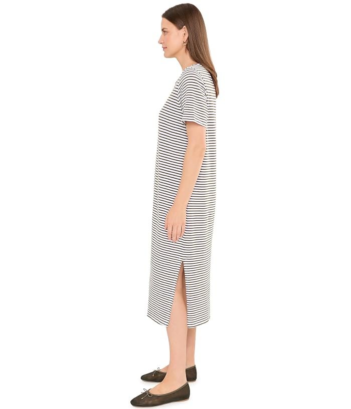 Eileen Fisher Striped Organic Cotton Slub Round Neck Short Sleeve Calf Length Dress - Image 3
