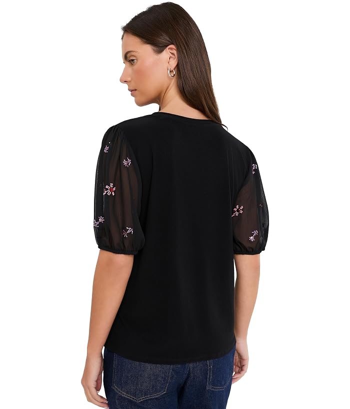 CeCe Beaded Sleeve Mixed Media Crew Neck Top - Image 4