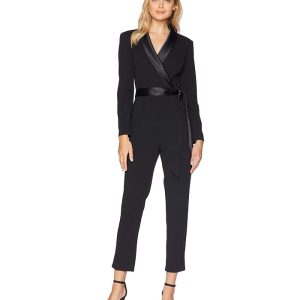 Adrianna Papell Knit Crepe Wrap Top Jumpsuit with Long Sleeves, Slim Pants, and Stretch Charmeuse Collar