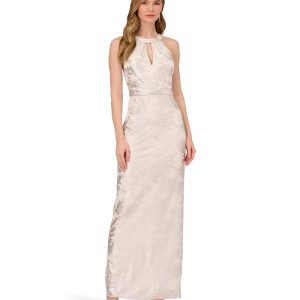 Adrianna Papell Long Sleeveless Foiled Halter Gown