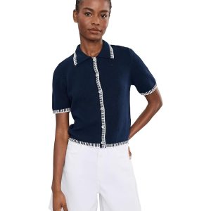 CeCe Short Sleeve Pointelle Contrast Stitch Cardigan