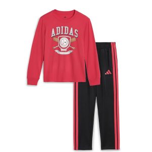 adidas Kids Graphic Cotton Long Sleeve Tee & 3-Stripe Pants Set (Toddler/Little Kid)