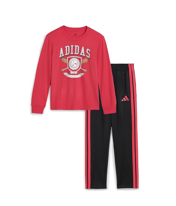 adidas Kids Graphic Cotton Long Sleeve Tee & 3-Stripe Pants Set (Toddler/Little Kid)