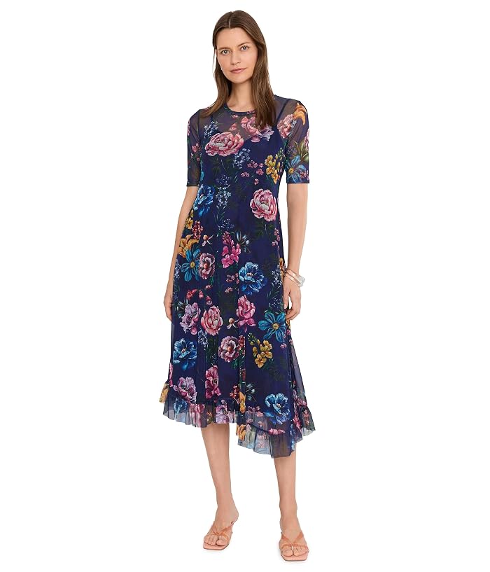 Johnny Was Mesh Elbow Sleeve Asymmetric Hem Dress (Slip)