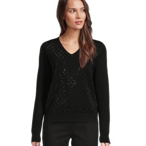 Elliott Lauren Pop Top - Long Sleeve V-Neck Sweater with Crystals detail