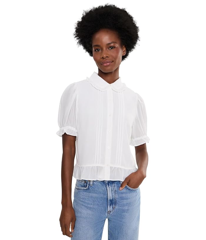 CeCe Cropped Buttoned Top with Ruffle Collar and Pintucks