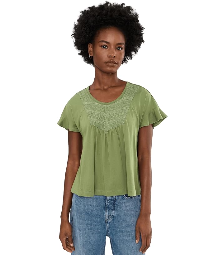 Liverpool Los Angeles Flutter Sleeve Woven To Knit Top with Embroidery