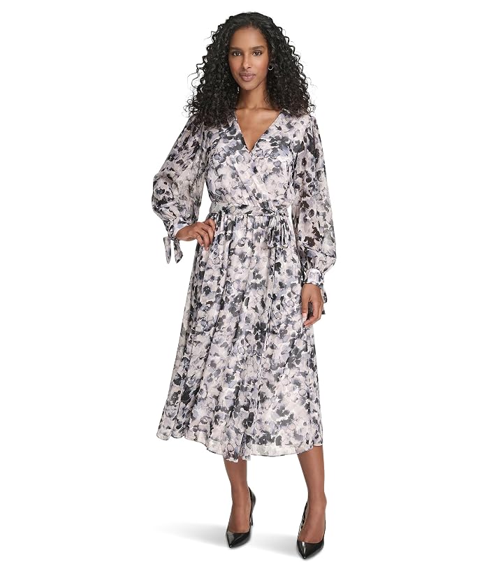 Calvin Klein V-Neck Long Sleeve Chiffon Midi