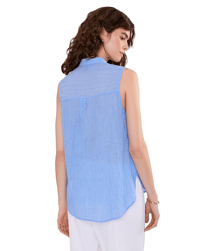 Eileen Fisher Cotton Microstripe Pucker Mandarin Collar Shirt - Image 4