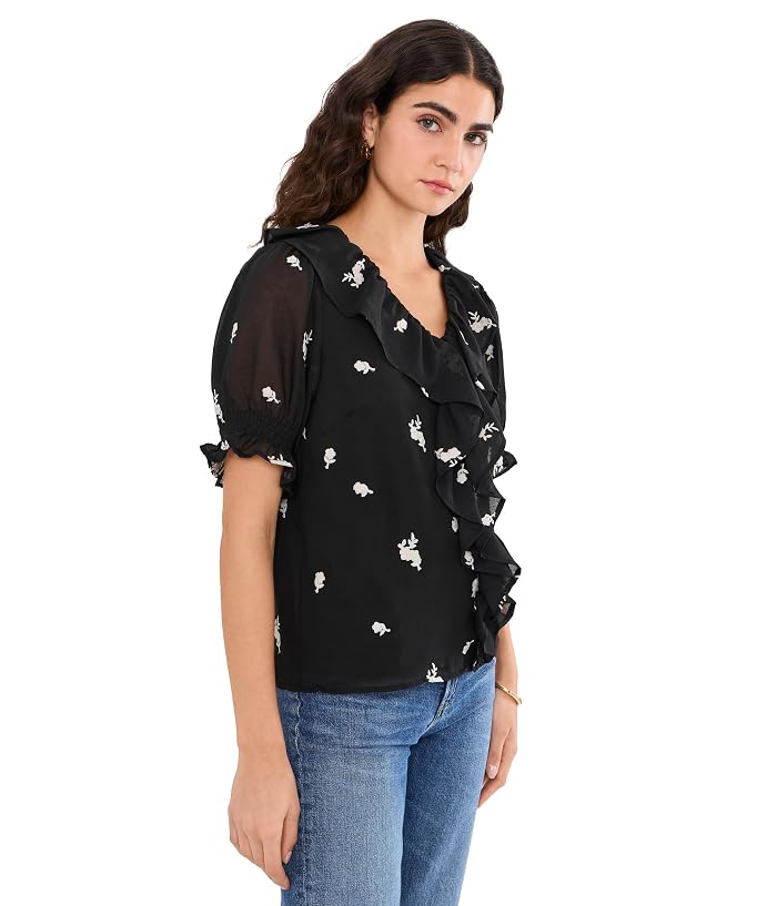 CeCe Embrodiery Linen Ruffled Pintuck Elbow Sleeve Top - Image 3