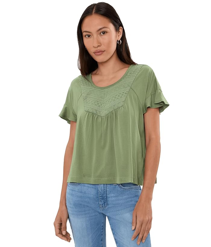 Liverpool Los Angeles Petite Flutter Sleeve Woven To Knit Top with Embroidery