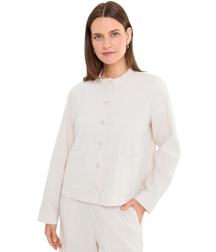 Eileen Fisher Organic Cotton Pucker Check Mandarin Collar Jacket