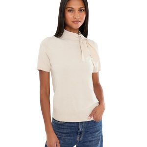 CeCe Short Sleeve Scarf Neck Tie Sweater
