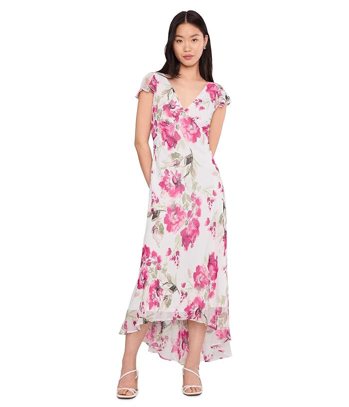 Calvin Klein Flutter Sleeve Chiffon Floral Aline Midi