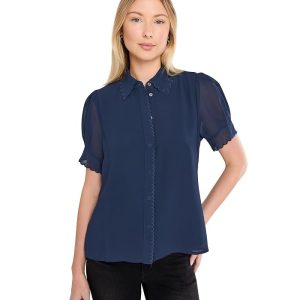 CeCe Short Sleeve Scallop Trim Button-Up Top