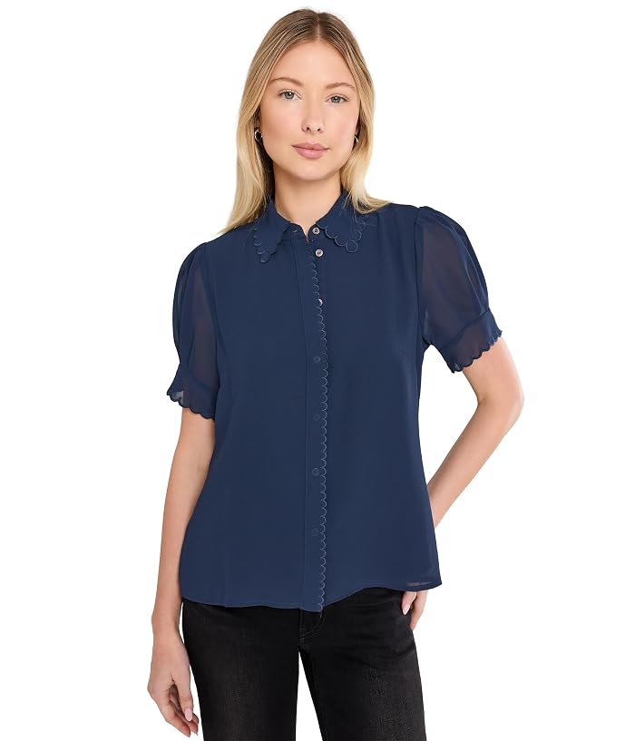 CeCe Short Sleeve Scallop Trim Button-Up Top