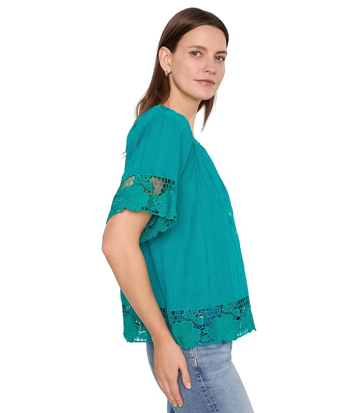 Liverpool Los Angeles Short Sleeve Woven Top with Lace - Image 3