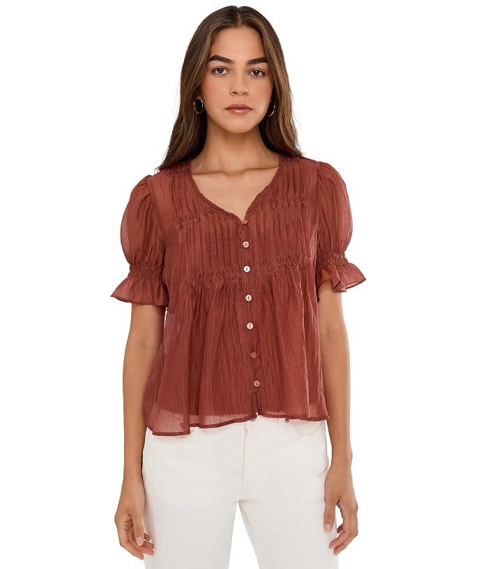 Vince Camuto Pintuck Puff Sleeve V-Neck