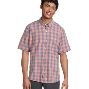 L.L.Bean Comfort Stretch Chambray Shirt Short Sleeve Traditional Fit Plaid