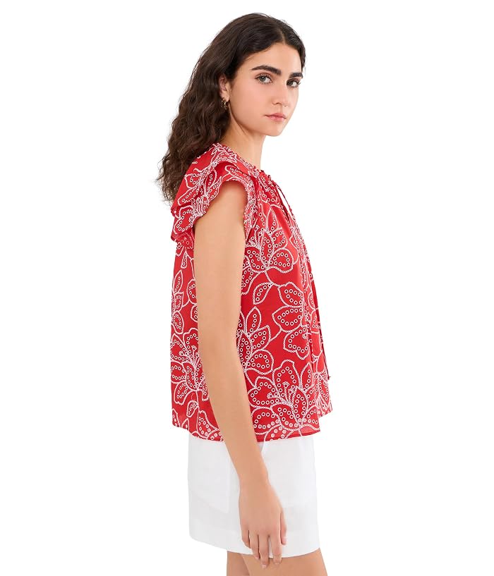 CeCe Flutter Sleeve Puff Embrodiery Tie Neck Top - Image 3