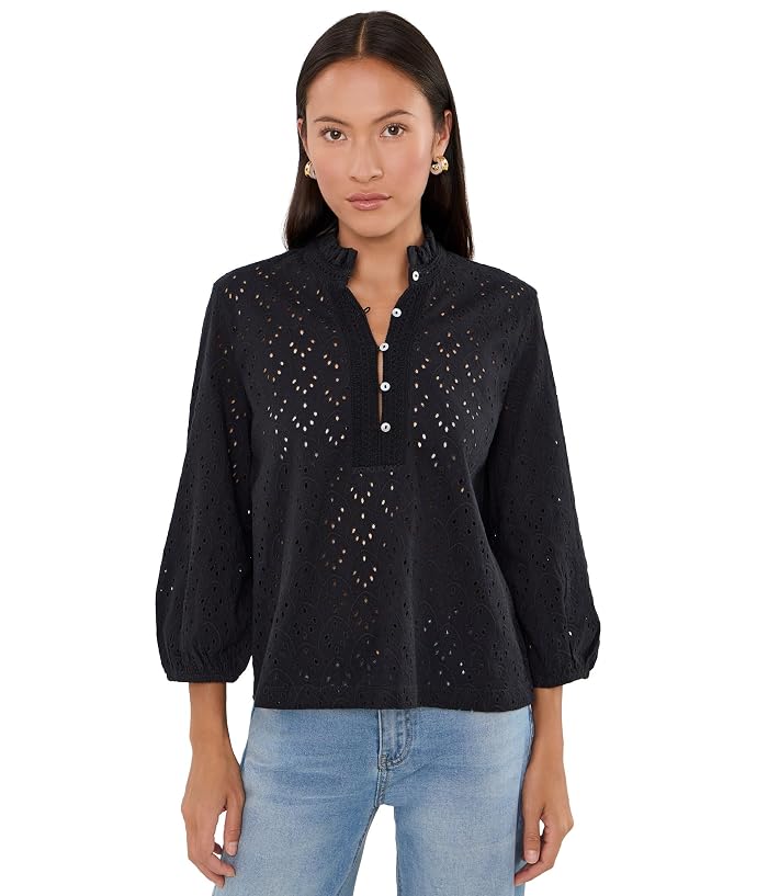 NIC+ZOE Petite Knit Eyelet Ruffle Neck Top