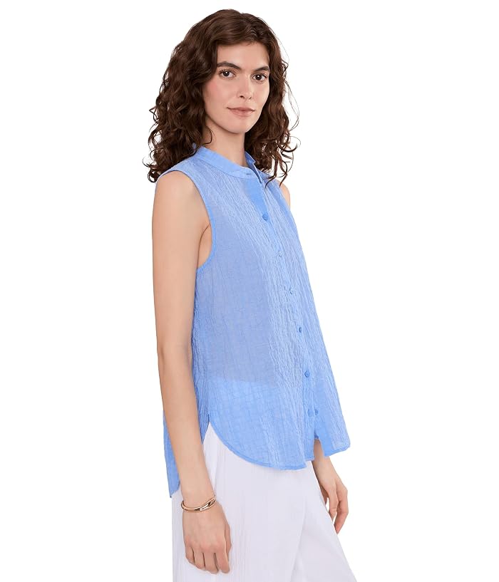 Eileen Fisher Cotton Microstripe Pucker Mandarin Collar Shirt - Image 3