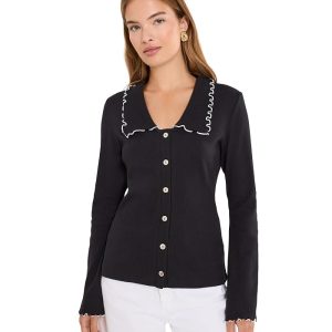 CeCe Lettuce Trim V-Neck Long Sleeve Button Down
