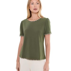 CeCe Puff Short Sleeve Top With Scallop Neck And Cuff